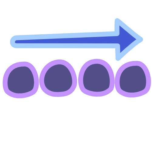 4 purple circles arranged in a horizontal line have a blue arrow above them pointing from left to right. The image has light line art